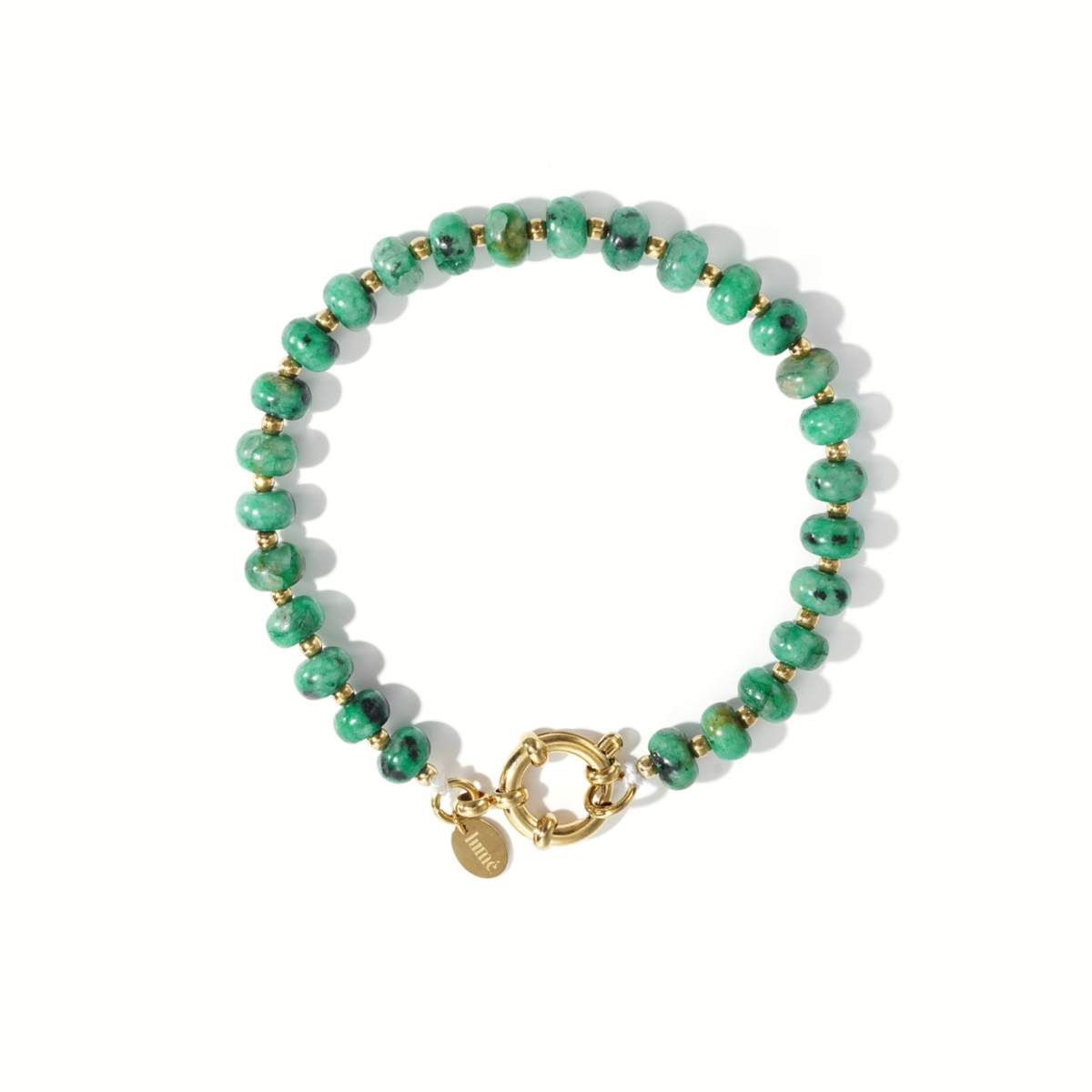 Náramek RONSI z kamenných korálků a hematitu se zlacenou chirurgickou ocelí - smaragdově zelený2